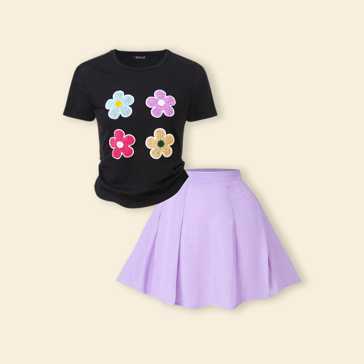 Girls Black Floral Applique T-Shirt With Skirt Sets Sets