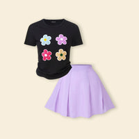 Girls Black Floral Applique T-Shirt With Skirt Sets Sets