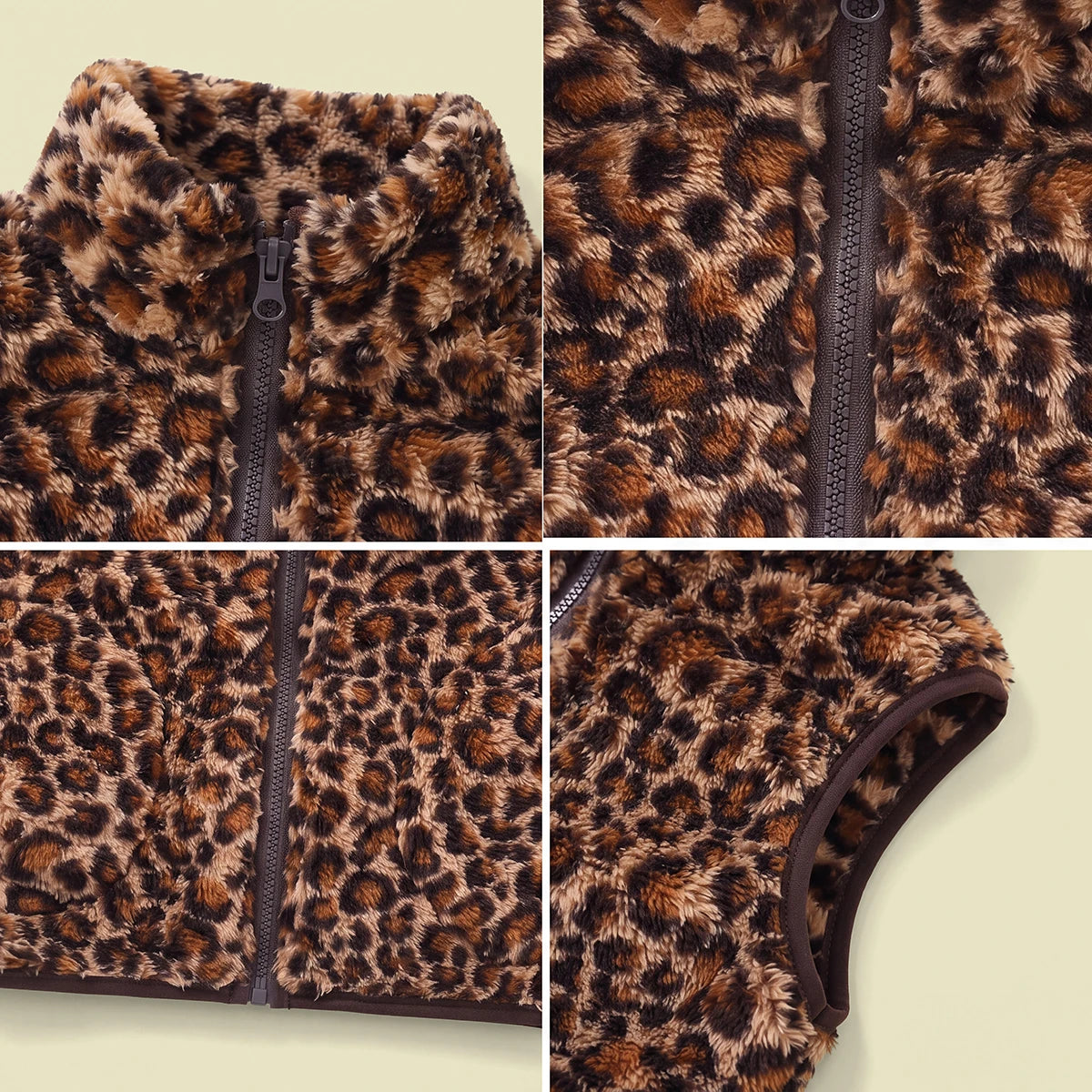 Girls Brown Fleece Leopard Print Sleeveless Jacket Coats & Jackets
