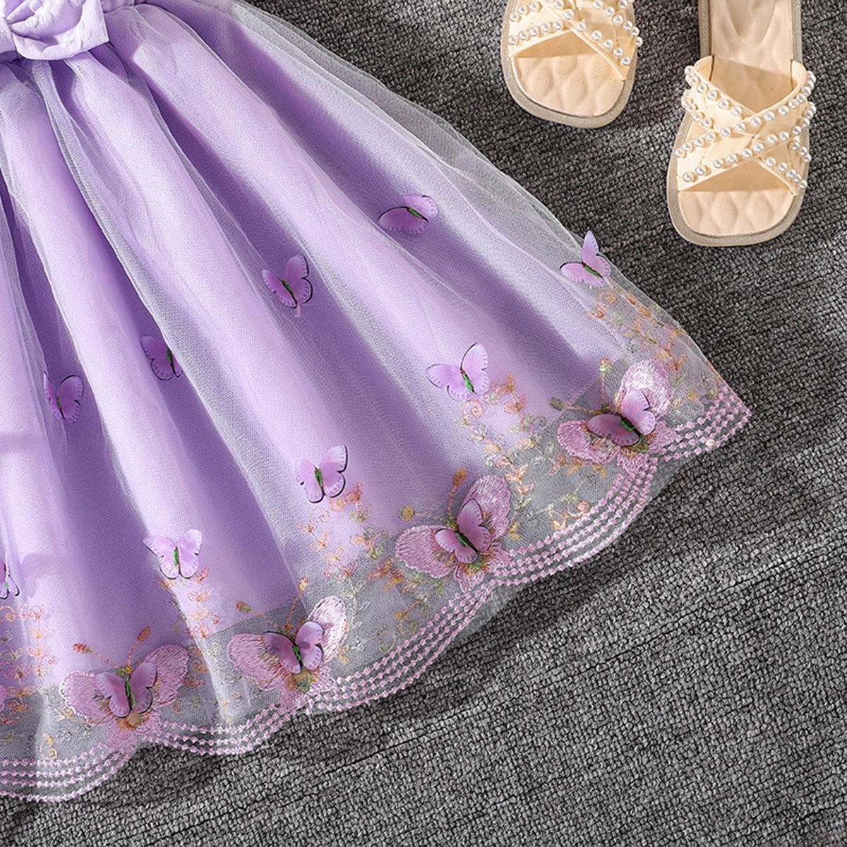 Girls Lavender Butterfly Applique Flutter Sleeve Fit & Flare Party Dress Party Dresses