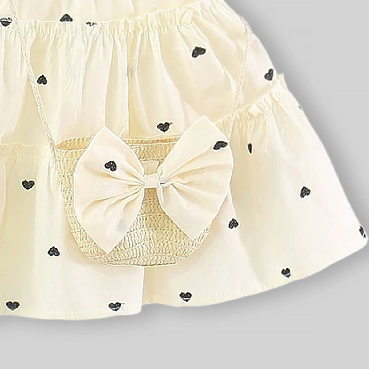 Girls Beige Heart Print Tiered A-Line Dress With Sling Bag Casual Dresses