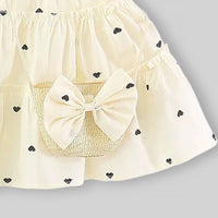 Girls Beige Heart Print Tiered A-Line Dress With Sling Bag Casual Dresses