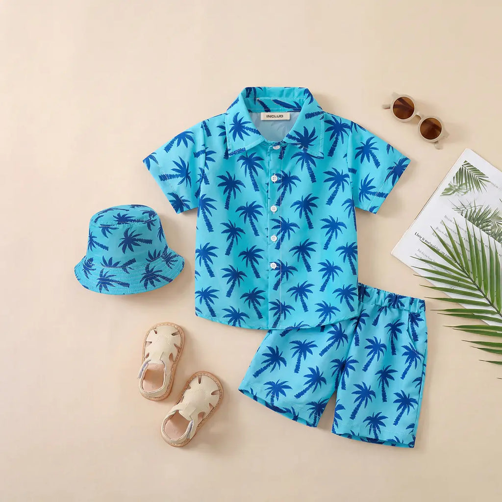 Boys Light Blue Tropical Print Button-Down Shirt With Shorts & Hat Co-ord Sets Sets Light Blue 2-3 Y