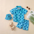 Boys Light Blue Tropical Print Button-Down Shirt With Shorts & Hat Co-ord Sets Sets Light Blue 2-3 Y