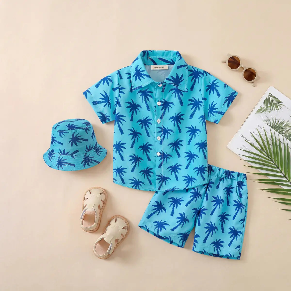 Boys Light Blue Tropical Print Button-Down Shirt With Shorts & Hat Co-ord Sets Sets Light Blue 2-3 Y