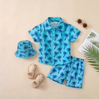 Boys Light Blue Tropical Print Button-Down Shirt With Shorts & Hat Co-ord Sets Sets Light Blue 2-3 Y