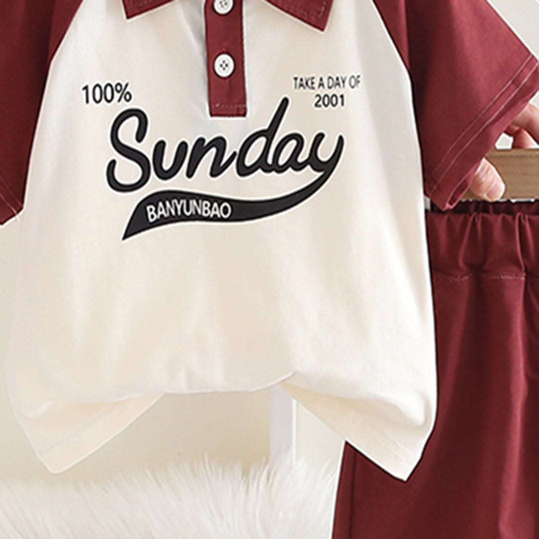 Boys Maroon Raglan Sleeve Printed Polo T-shirt with Shorts Set 2 pc. Sets