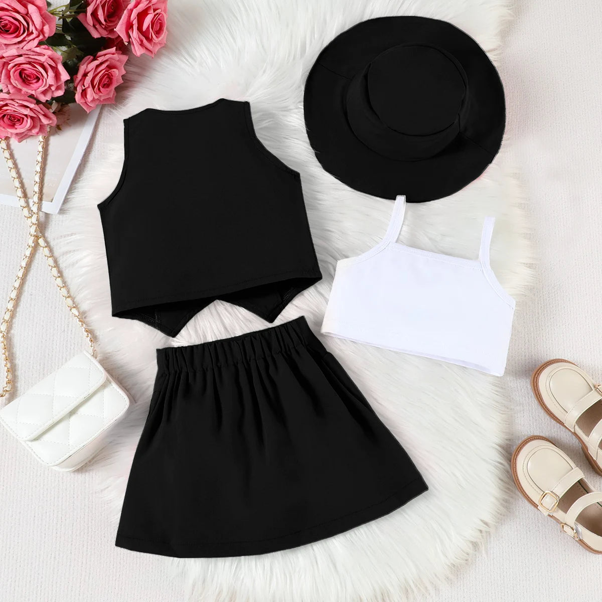 Girls Black V-Neck Top With Cami Top And Skirt Sets 3 pc. Sets