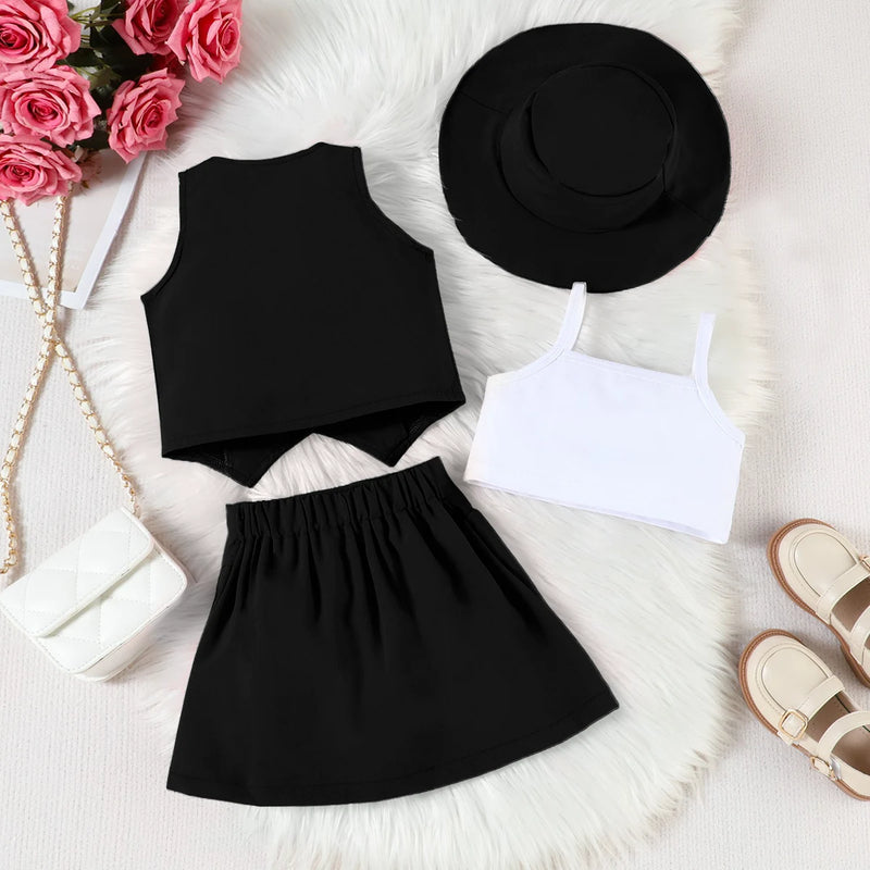 Girls Black V-Neck Top With Cami Top And Skirt Sets 3 pc. Sets