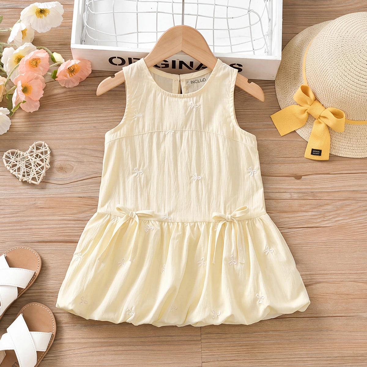 Girls Yellow Bow Print Sleeveless Balloon Dress Casual Dresses Cream 1-2 Y