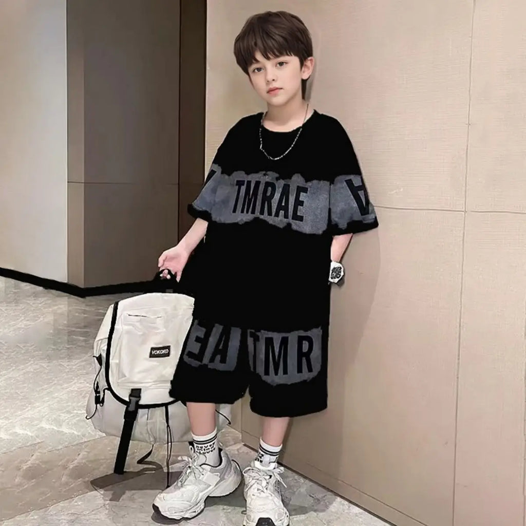 Boys Black Typographic Printed Oversized T-Shirt With Shorts Co-ord Sets Sets
