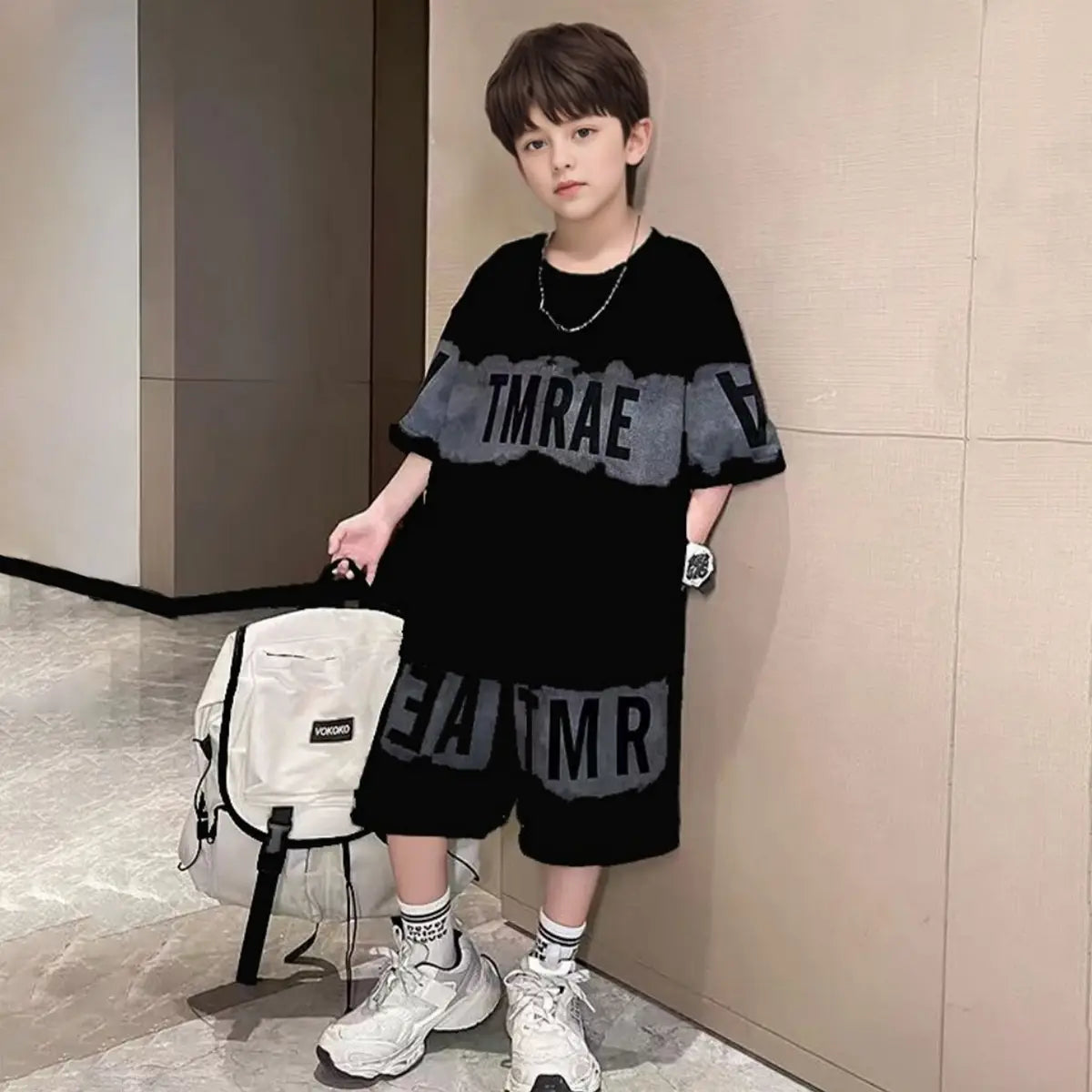 Boys Black Typographic Printed Oversized T-Shirt With Shorts Co-ord Sets Sets