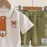 Boys Light Green Bear Applique Polo T-Shirt With Elasticated Shorts Sets 2 pc. Sets