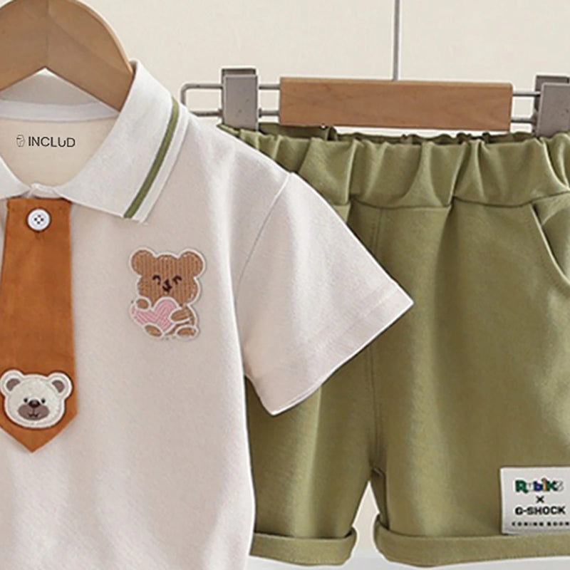 Boys Light Green Bear Applique Polo T-Shirt With Elasticated Shorts Sets 2 pc. Sets