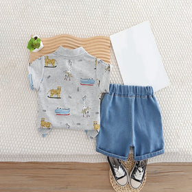 Boys Grey Animals Printed Polo T-Shirt With Denim Shorts Set 2 pc. Sets