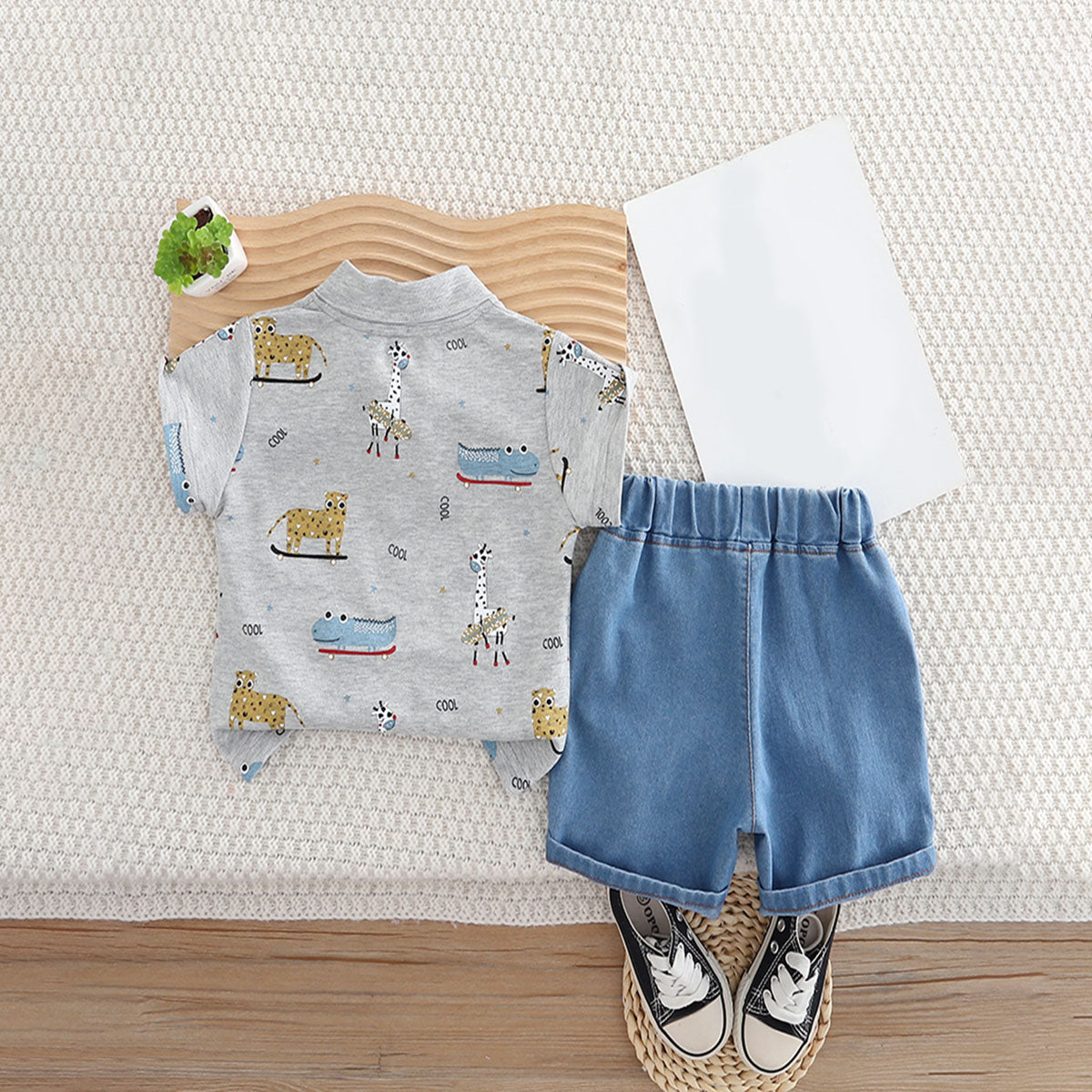 Boys Grey Animals Printed Polo T-Shirt With Denim Shorts Set 2 pc. Sets