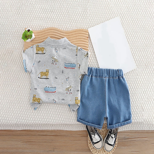 Boys Grey Animals Printed Polo T-Shirt With Denim Shorts Set 2 pc. Sets