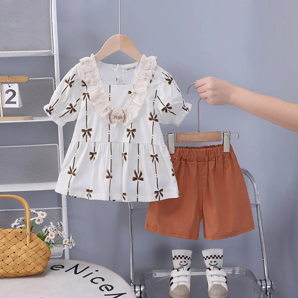 Girls Brown Bow Print Puff Sleeve Top With Shorts Sets Sets Brown 1-2 Y