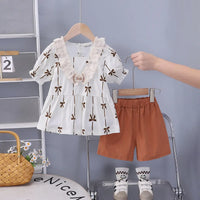 Girls Brown Bow Print Puff Sleeve Top With Shorts Sets Sets Brown 1-2 Y