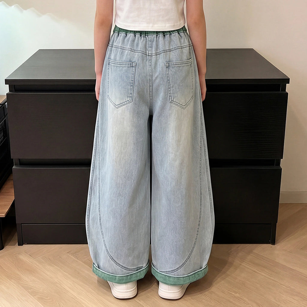 Girls Blue Relaxed Fit Denim Jeans with Drawstring Pants