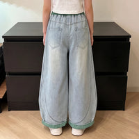 Girls Blue Relaxed Fit Denim Jeans with Drawstring Pants