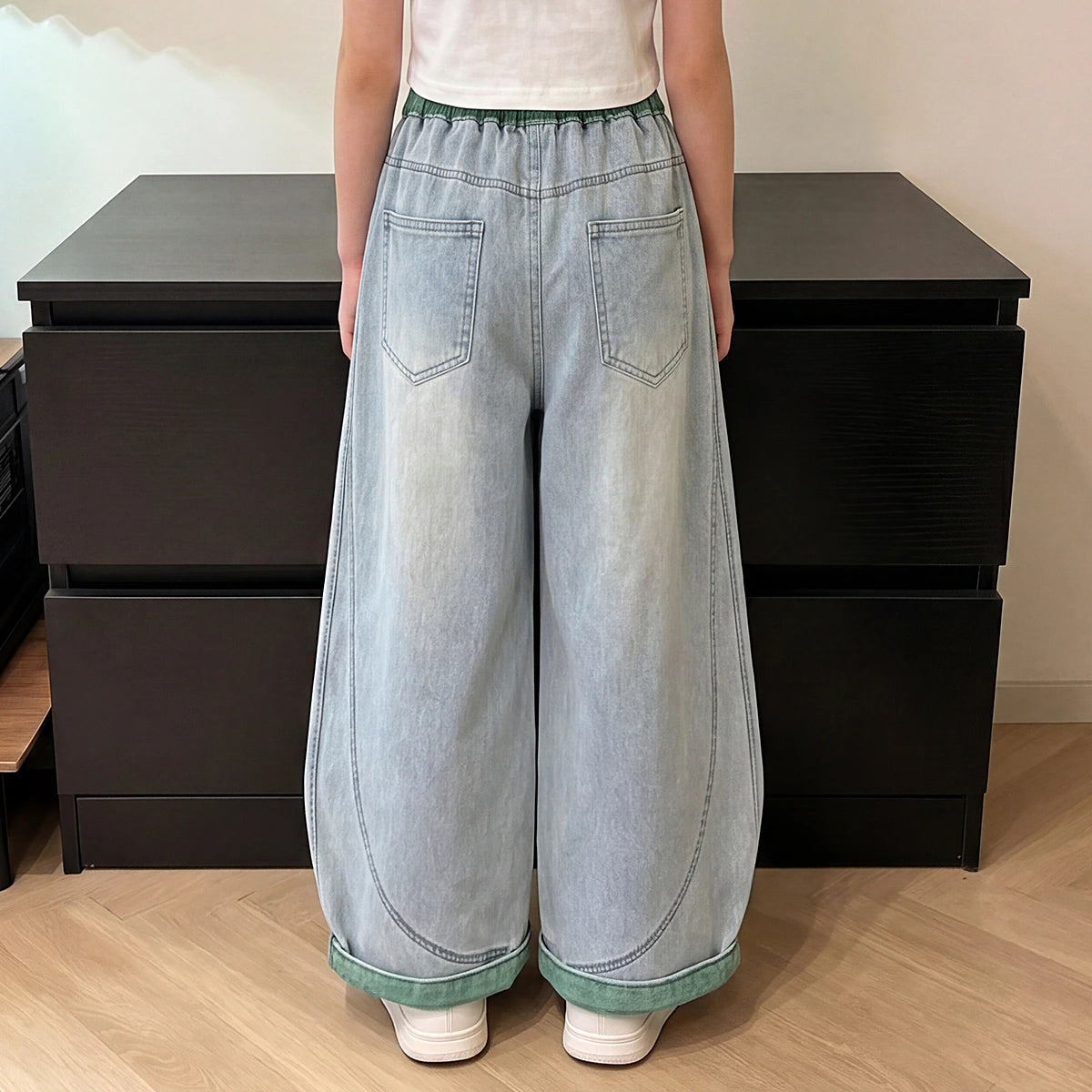 Girls Blue Relaxed Fit Denim Jeans with Drawstring Pants