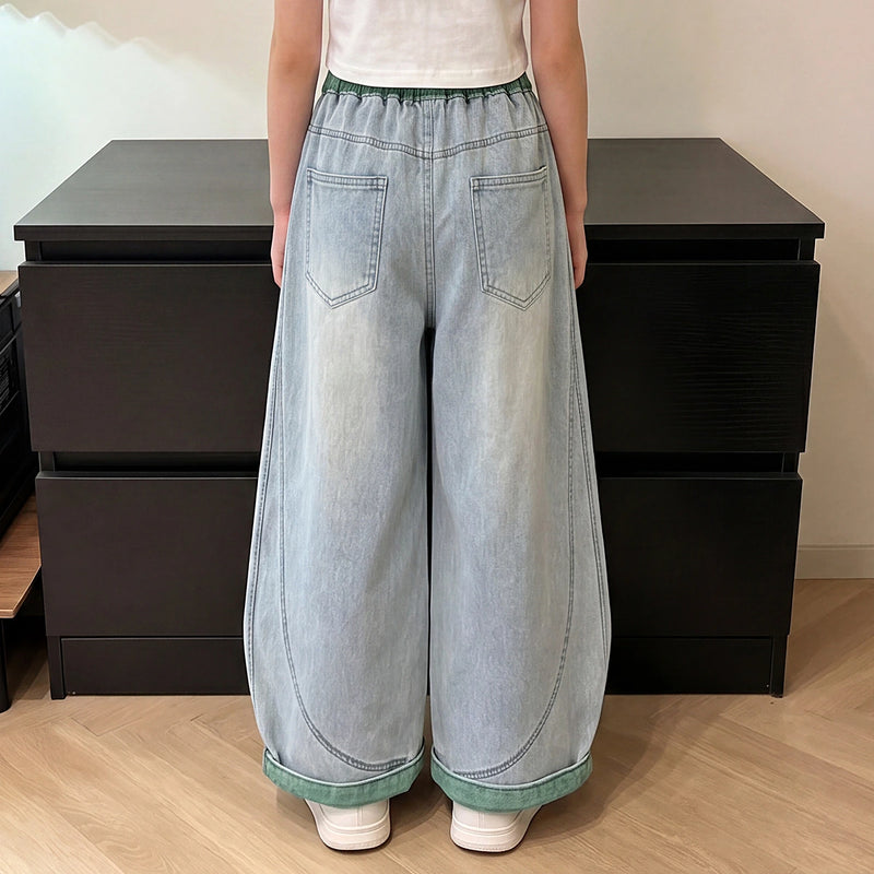 Girls Blue Relaxed Fit Denim Jeans with Drawstring Pants