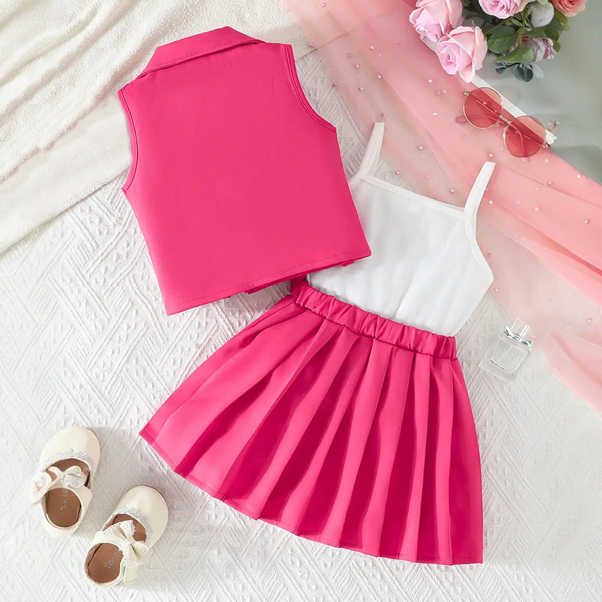 Girls Fuchsia Bow Applique Top With Camisole Top And Pleated Skirt Sets 3 pc. Sets
