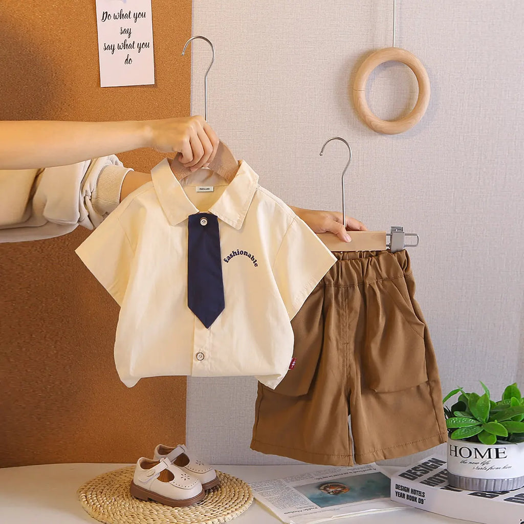 Boys Apricot Typographic Printed Shirt With Shorts & Necktie Sets Sets Apricot 1-2 Y