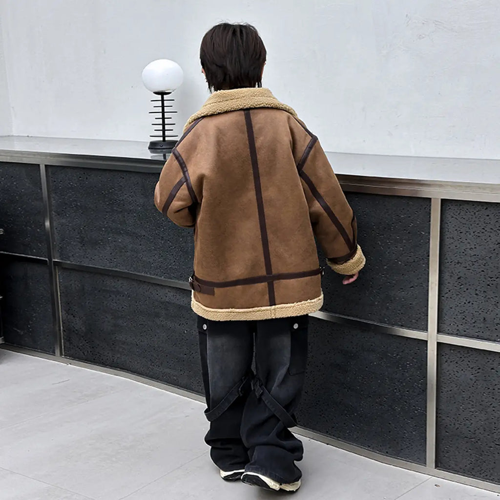 Boys Brown Faux Leather Heavy Jacket With Fleece Lining Coats & Jackets