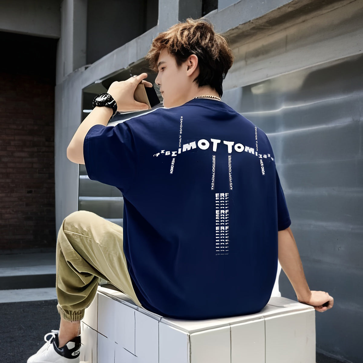 Boys Navy Blue Abstract Printed Summer Oversized T-Shirt With Jogger Set 2 pc. Sets
