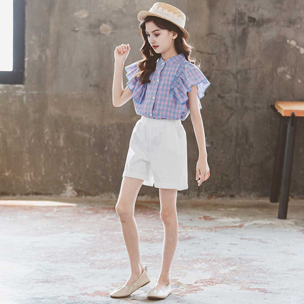 Girls Flared Sleeve Plaid Top With Shorts Set