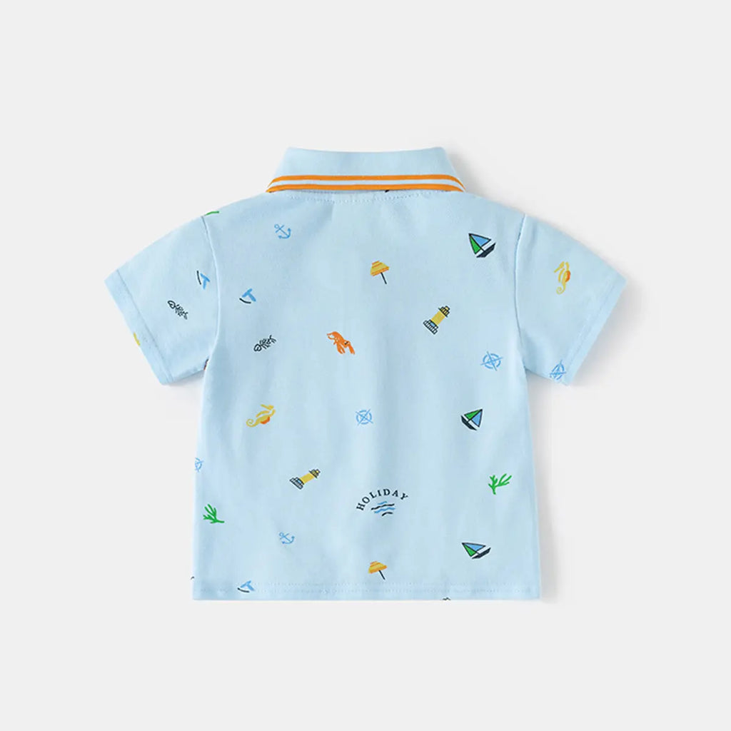 Boys Sky Blue Short Sleeve Beach Print Polo T-Shirt Tshirts