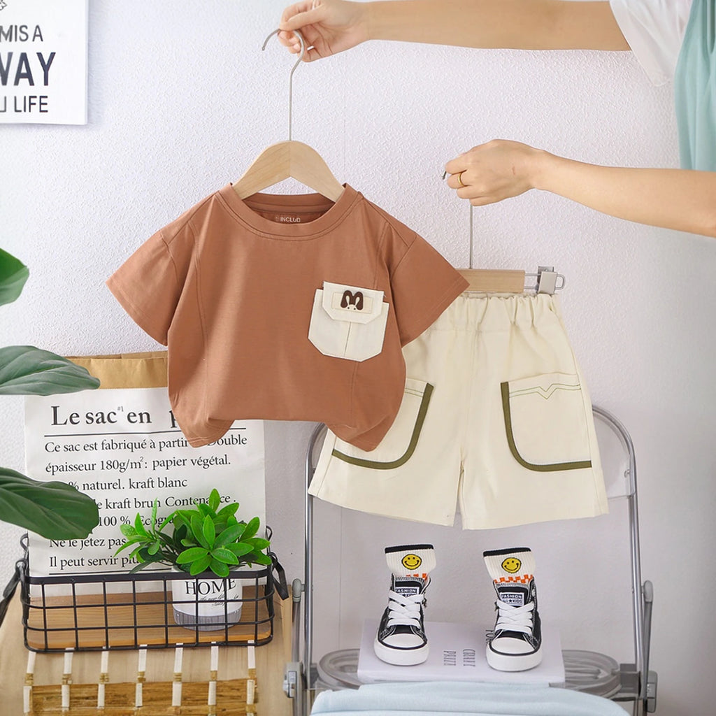 Boys Brown Solid Short Sleeves T-Shirt With Shorts Set Sets Brown 1-2 Y