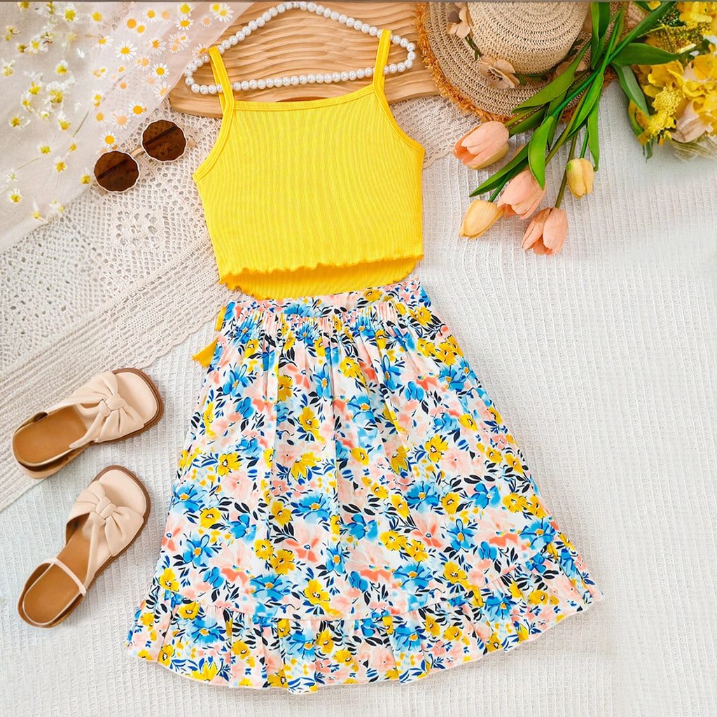 Girls Yellow Sleeveless Ribbed Top With Floral Print Skirt Sets 2 pc. Sets