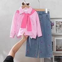 Girls Pink Stripes Long Sleeves Shirt & Scarf With Bow Embroidered Denim Pants Sets Pink 3-4 Y