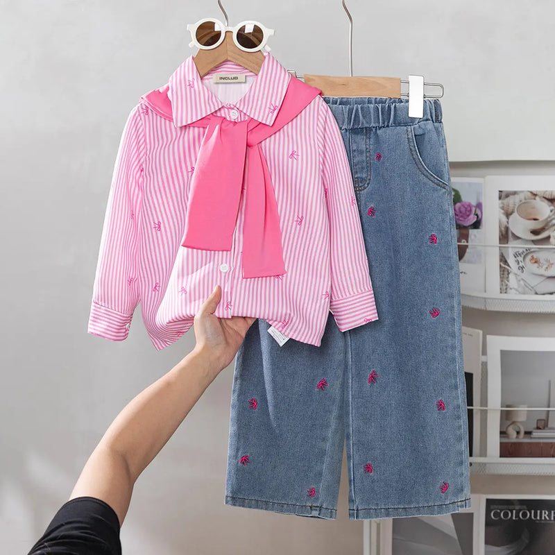 Girls Pink Stripes Long Sleeves Shirt & Scarf With Bow Embroidered Denim Pants Sets Pink 3-4 Y