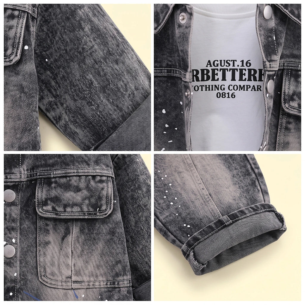 Boys Black Splatter Print Denim Jacket & Pants With T-Shirt Sets 3 pc. Sets
