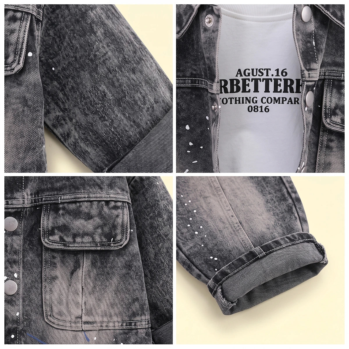 Boys Black Splatter Print Denim Jacket & Pants With T-Shirt Sets 3 pc. Sets