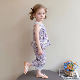 Girls Purple Floral Print Sleeveless Top With Crop Pants Sets 2 pc. Sets