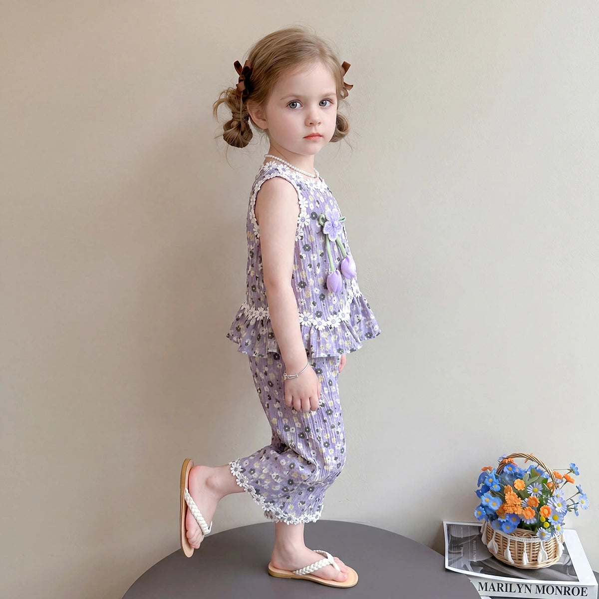 Girls Purple Floral Print Sleeveless Top With Crop Pants Sets 2 pc. Sets