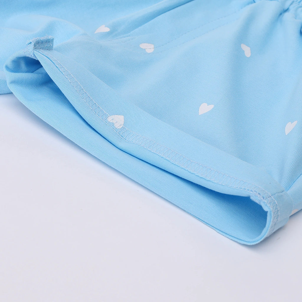 Girls Sky Blue Heart Printed Top With Matching Shorts Sets Sets