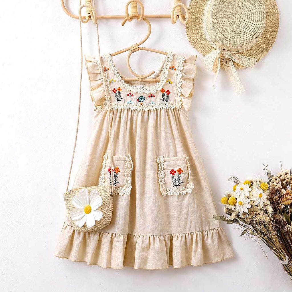 Girls Floral Embroidery Neck Lace Fit & Flare Dress