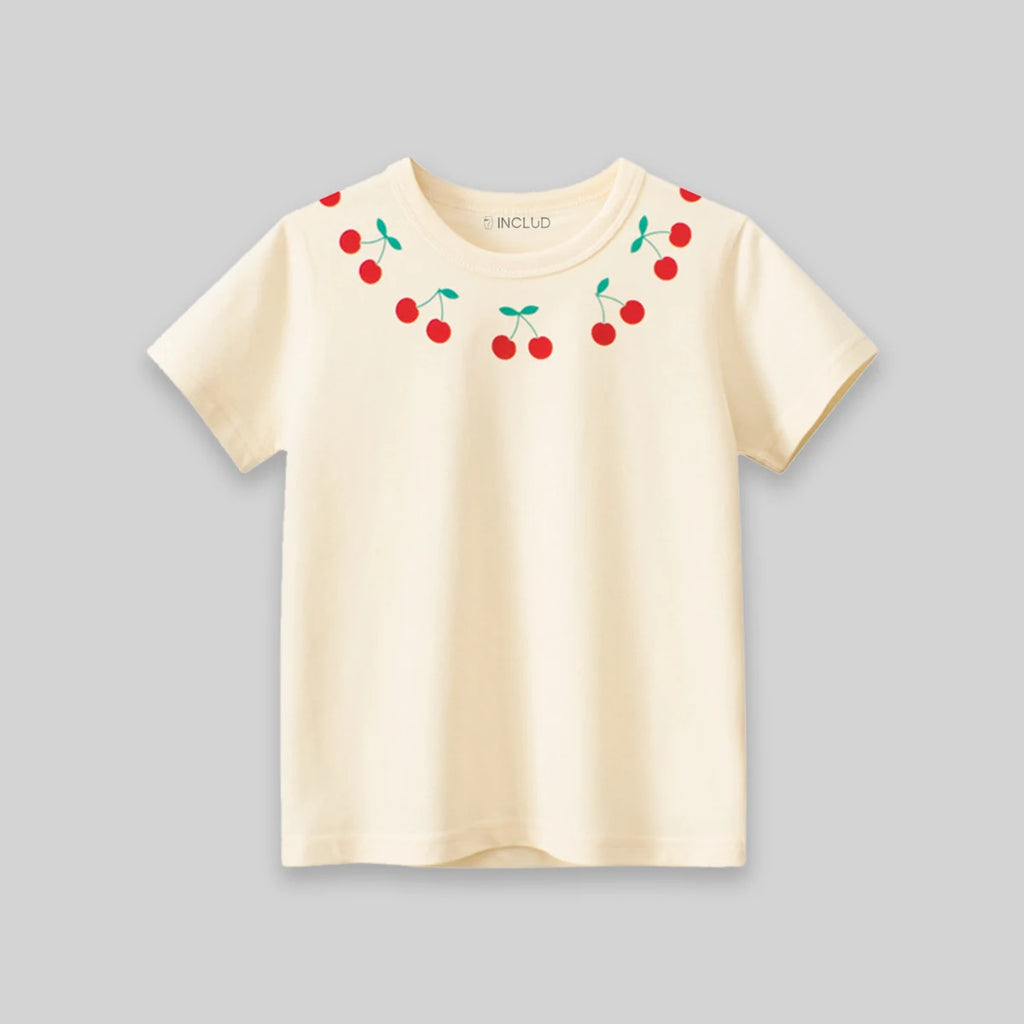 Girls Cream Cherry Print Short Sleeve T-Shirt Tshirts