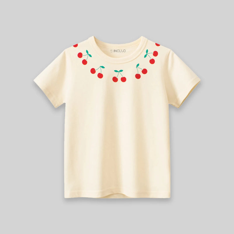 Girls Cream Cherry Print Short Sleeve T-Shirt Tshirts