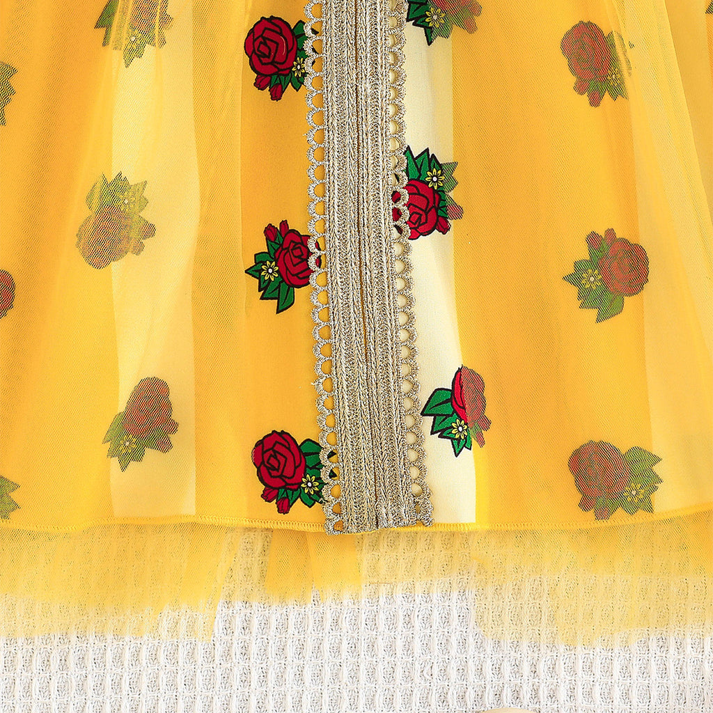 Girls Yellow Strawberry Printed Puff Sleeves Dress Casual Dresses