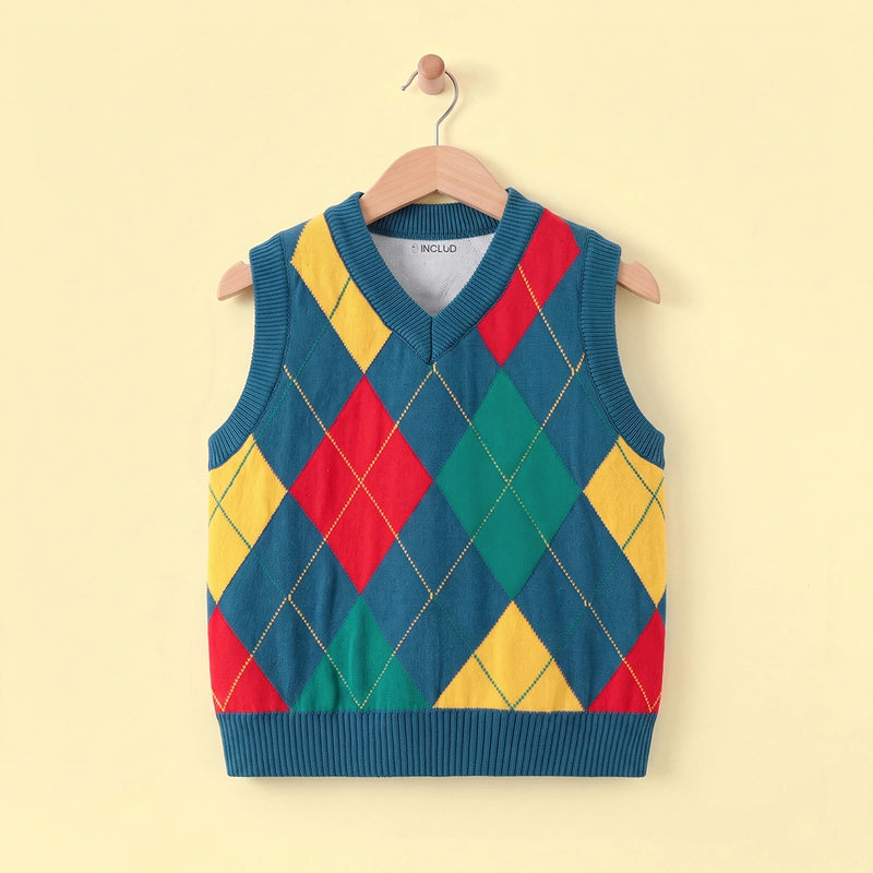 Boys Multicolour Self-Design Argyle Pattern Sweater Vest Sweaters & Cardigans Multicolor 2-3 Y