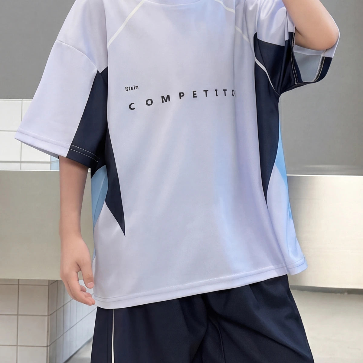 Boys Light Grey Typographic Print Drop Shoulder T-Shirt With Shorts Sets 2 pc. Sets