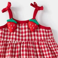 Girls Red Checked Sleeveless A-line Dress With Strawberry Appliques Casual Dresses