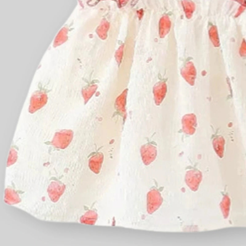 Girls Off White Strawberry Print A-Line Dress With Sun Hat Casual Dresses